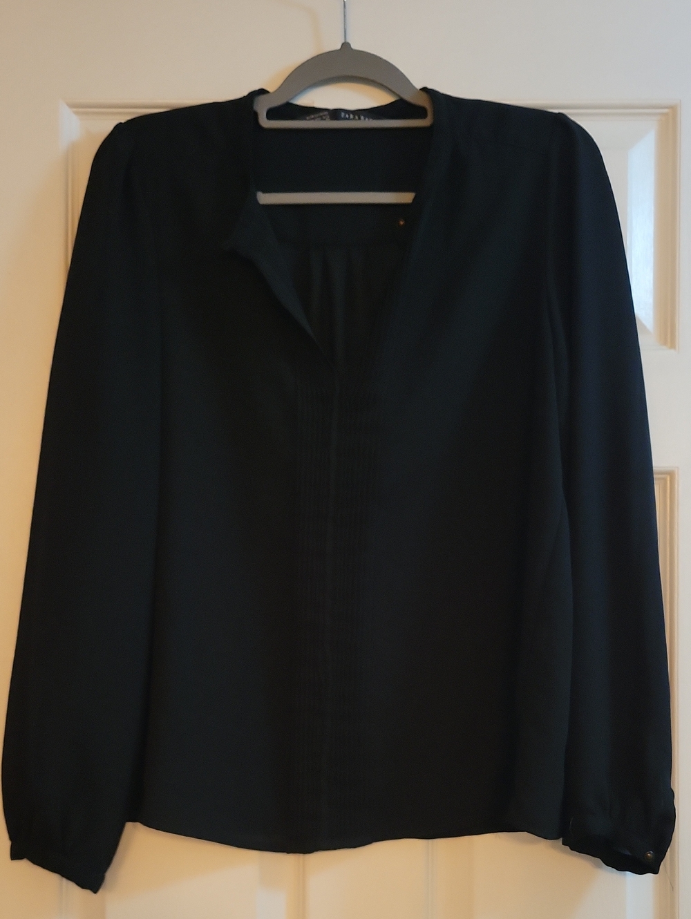 Zara Black Pleated Front Long-Sleeve Blouse